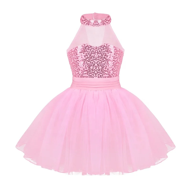 

Kids Girls Sleeveless O-Neck Mesh Splice Sequins Ballet Dance Gymnastics Leotard Dress