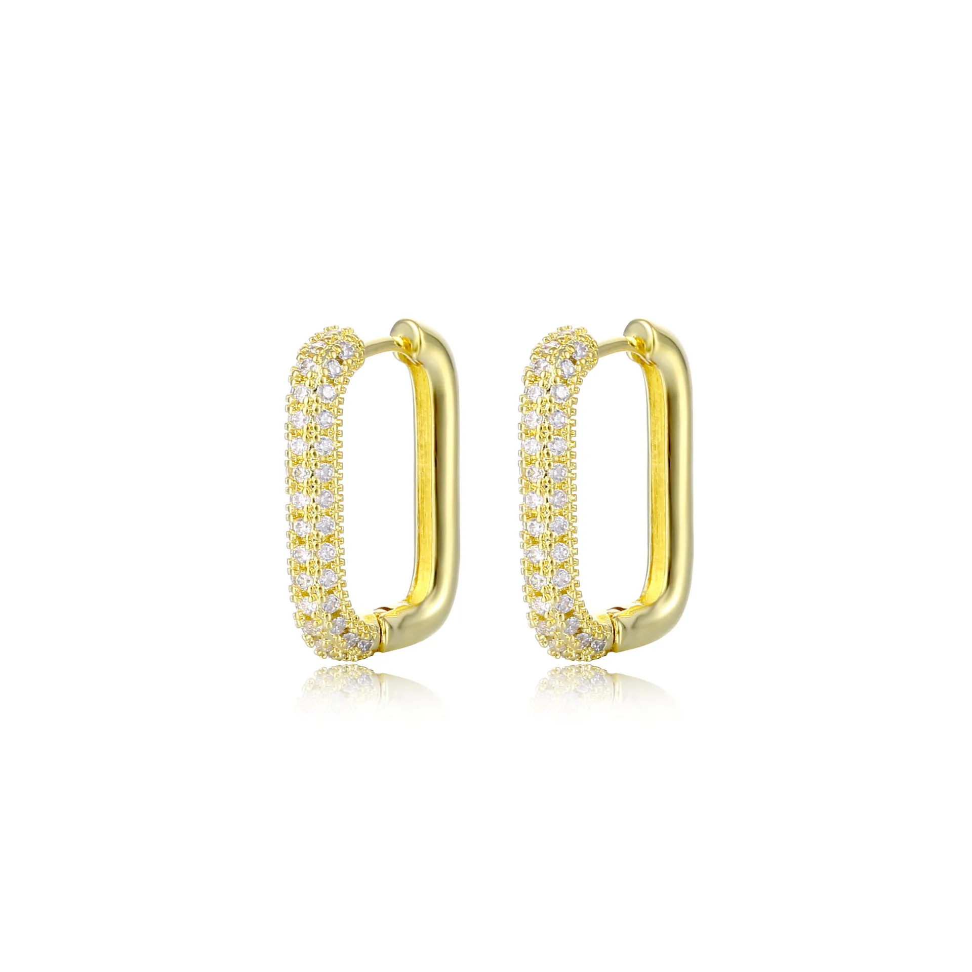 

2021 Hot Selling Gold Plated Geometric Diamond Earrings Rectangle Shaped Micro Paved CZ Clip Earrings For Women