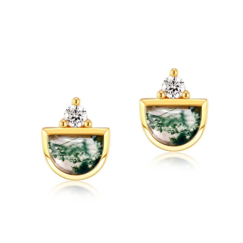 

Gemstone Earrings 925 Sterling Silver 18k Gold Plated Cubic Zircon Vintage Natural Green Moss Agate Stud Earring