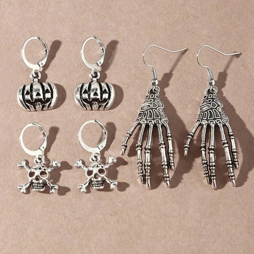 

2021 Free Shipping Jewelry Vintage Old Metal Pumpkin Ghost Claw Skull Shaped Halloween Earring Set, White