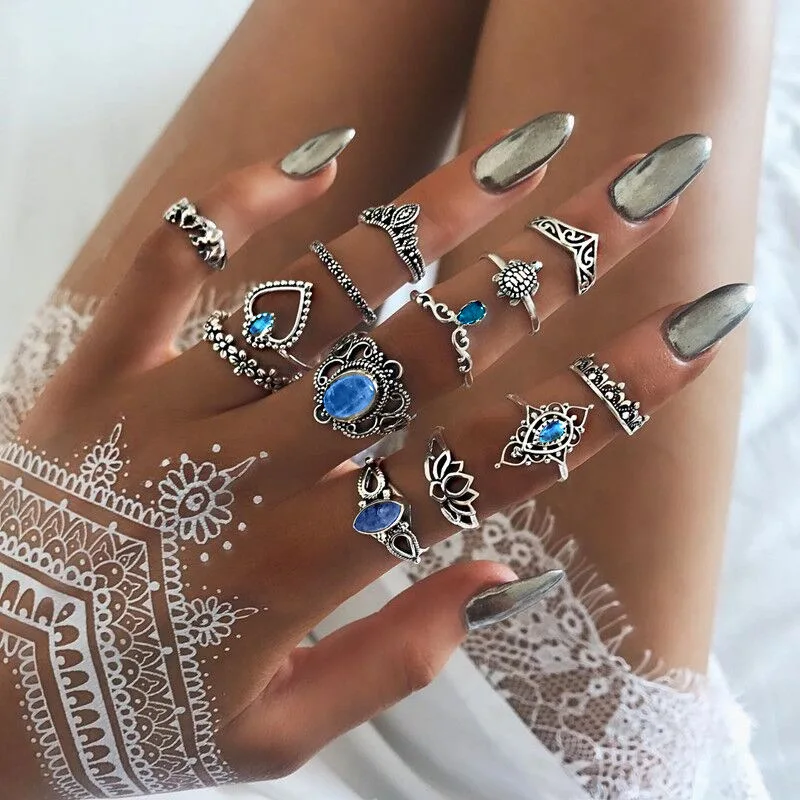 Welwish Antique 13 Pcs Flower Pattern Crown Blue Gemstone Women Vintage Ring Set