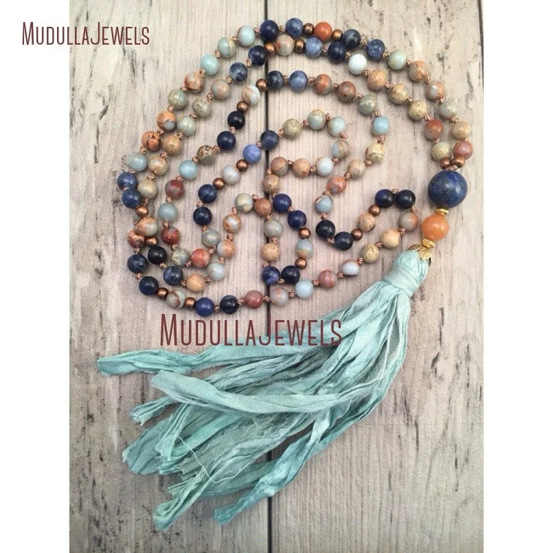

MN11119 African Opal Mala Necklace Silk Sari Long Tassel New Design Your Own Gemstone Mala Beads Necklace, As pic