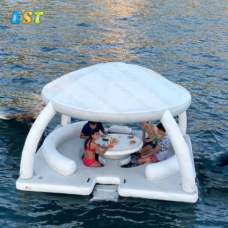 

Drop stitch PVC Inflatable Boat Island Water Floating Pontoon Inflatable Swim Platform, Grey, white, teak brown/black,