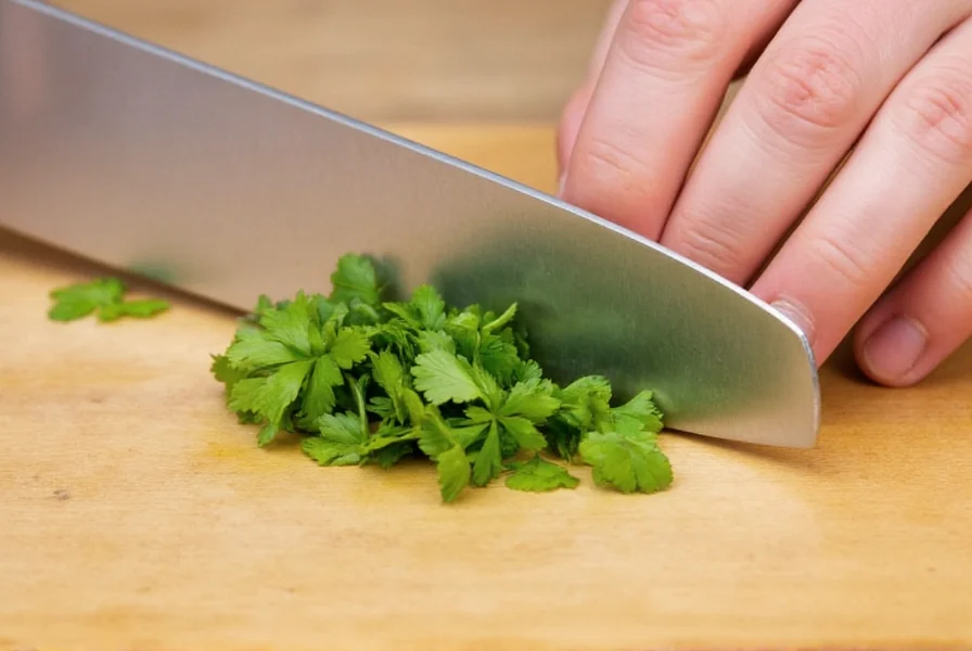 Proper technique for chopping fresh coriander on wooden cutting board