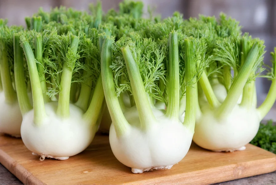 Fresh fennel bulbs with feathery fronds displayed on wooden cutting board