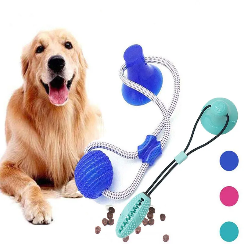 

Multifunction Interactive Double Teeth-Cleaning Suction Cup Self-Playing Food Dispensing Rubber Ball Chew Dog Tug Rope Toy