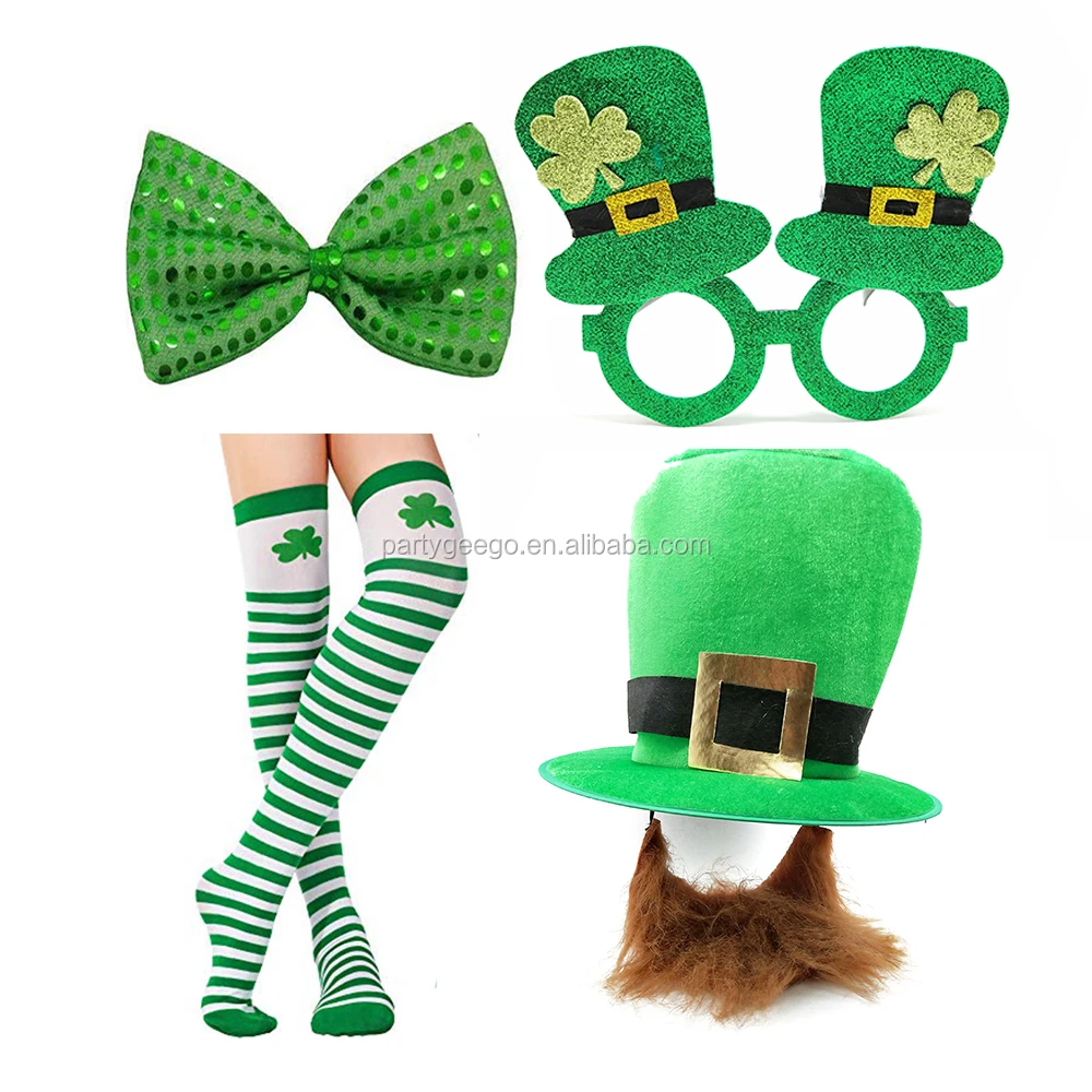 4 Pieces Totally Shamrock Striped Socks include Green Hat Patricks Day Accessory Set Glittering Bow Tie Chuangdi St Irish Glasses 