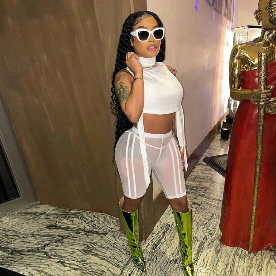 

chill 2021 Summer Hollow out Sexy White See Through Ribbon Outfits Two Piece Pants short Set clothing for women with patchwork