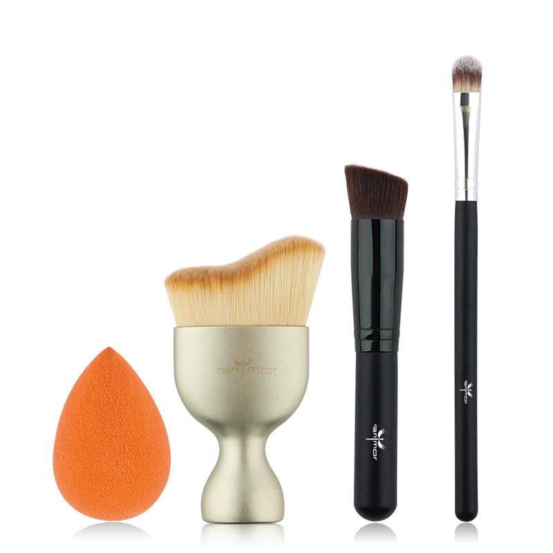 

ANMOR 4Pcs Make Up Brushes Set Professional Synthetic Foundation Concealer Contour Makeup Brush With Sponge, Black and orange