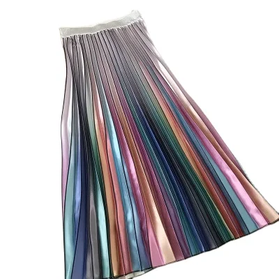 

Women 2021 Hot Sell Rainbow Gradient Satin Pleated Fashion A-Line Skirt