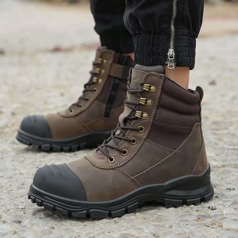 ZG- L605   Steel Toe Safety Boots for Convenient Wear Brown Crazy Horse and Yellow Nubuck Leather With Zipper Safety Work Boots
