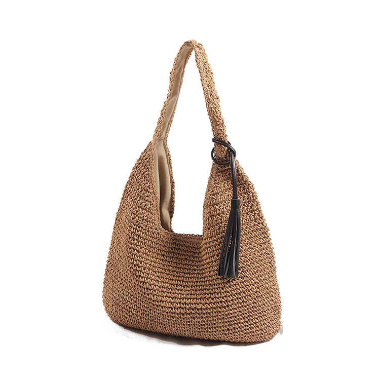 

New simple large capacity straw bag basket tote shopping reusable straw woven bag with tassel