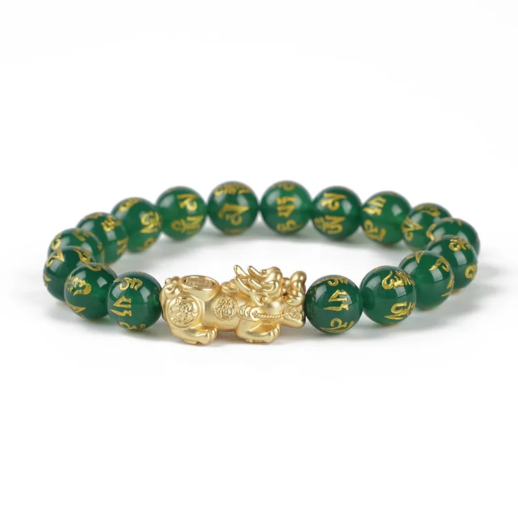 

New Good luck fortune jewelry 10 mm green agate bead bracelet Pixiu Feng Shui wealth bracelet, As picture