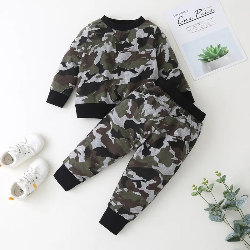 

Spring Fall Baby Boy Clothes Set 2 Piece Cotton Camouflage Print Long Sleeve Sweater Tops+trousers Sport Cool Kids Outfits 3-24M