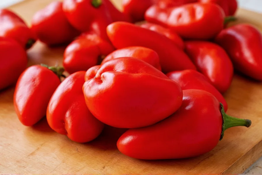 Close-up view of fresh red pimiento peppers showing their distinctive heart shape and glossy skin on a wooden cutting board