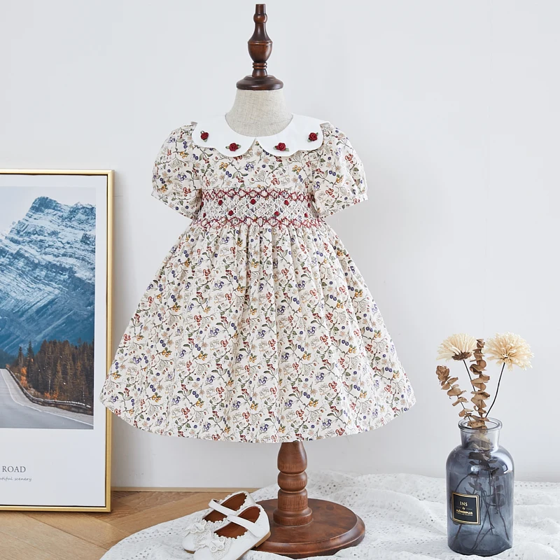 

2021 Most Popular Breathable Washable Printed Embroidered Cotton Girl's Smocked Dress, As picture