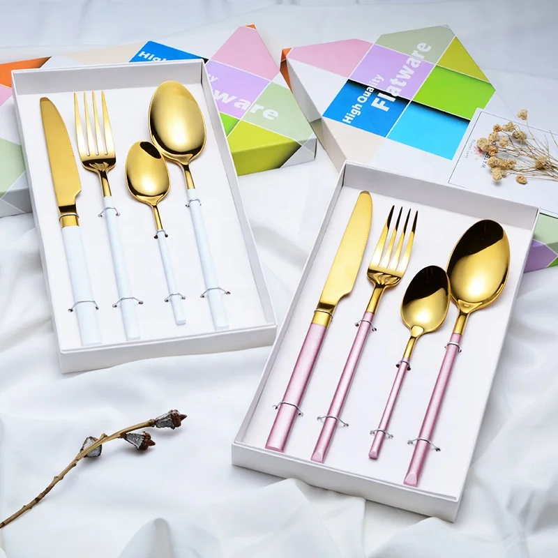 

Hypotenuse side handle titanium gold stainless steel cutlery knife and fork spoon 4-piece customized gift boxes