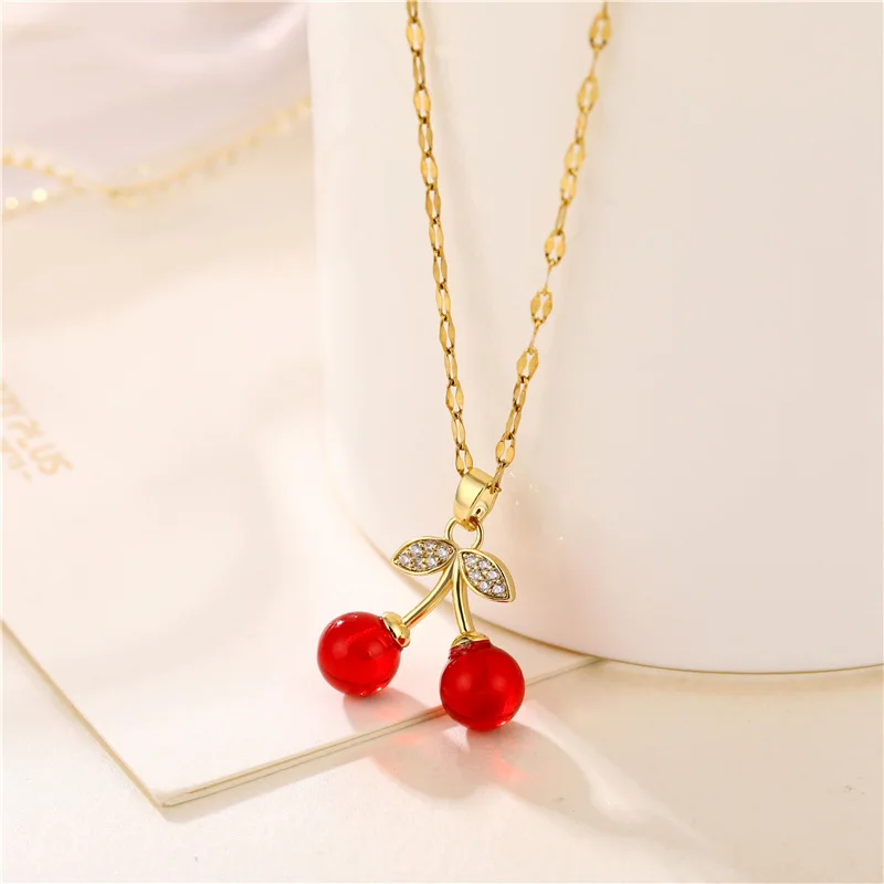 

Best Selling 18K Gold Plated Cubic Zircon Red Agate Cherry Necklaces Stainless Steel Cherry Pendant Necklaces For Women Girl