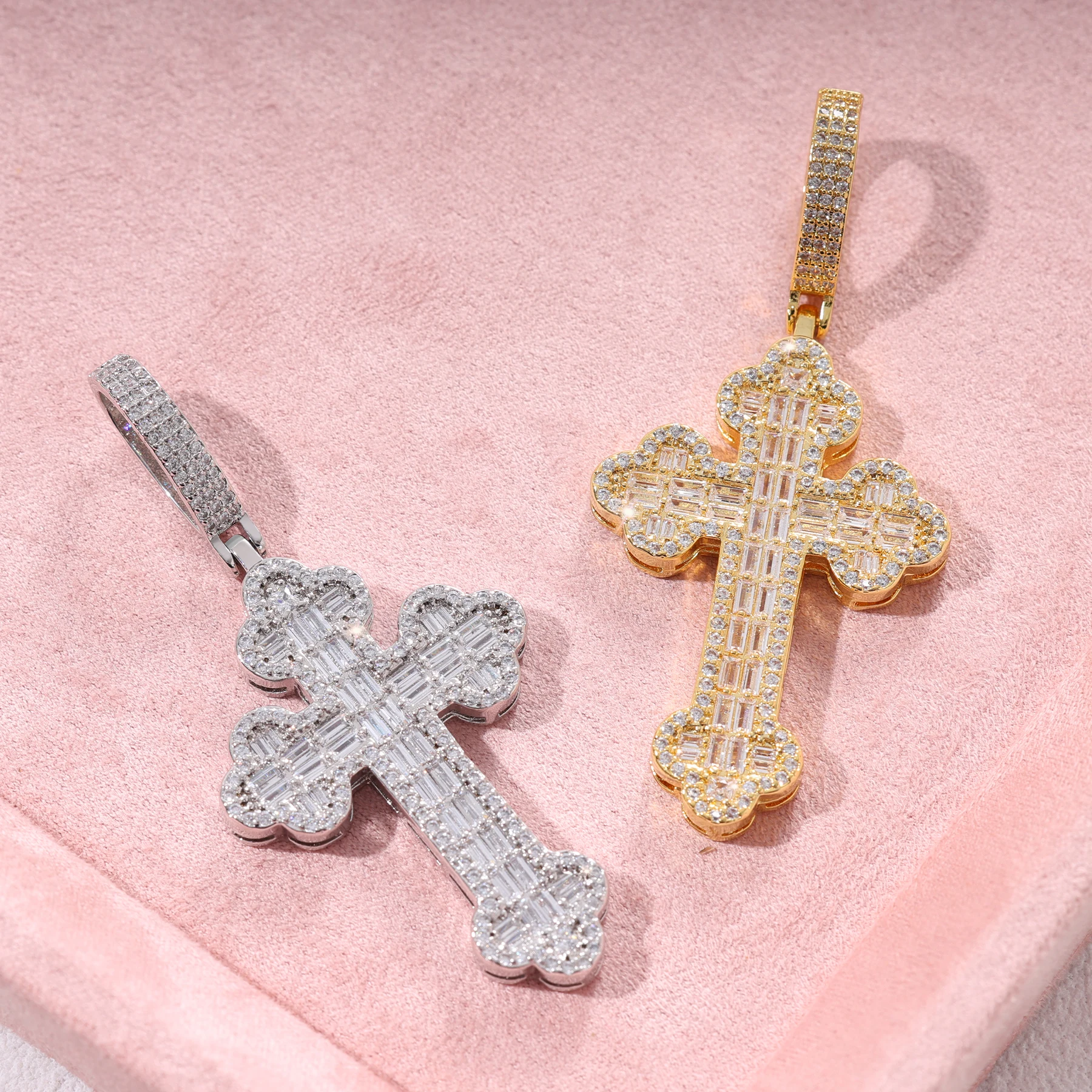 Wholesale Iced Out Baguette 5A Zircon Diamond Cross Pendant Hip Hop Cross Necklace for Women Men Unisex Design Pendant Jewelry
