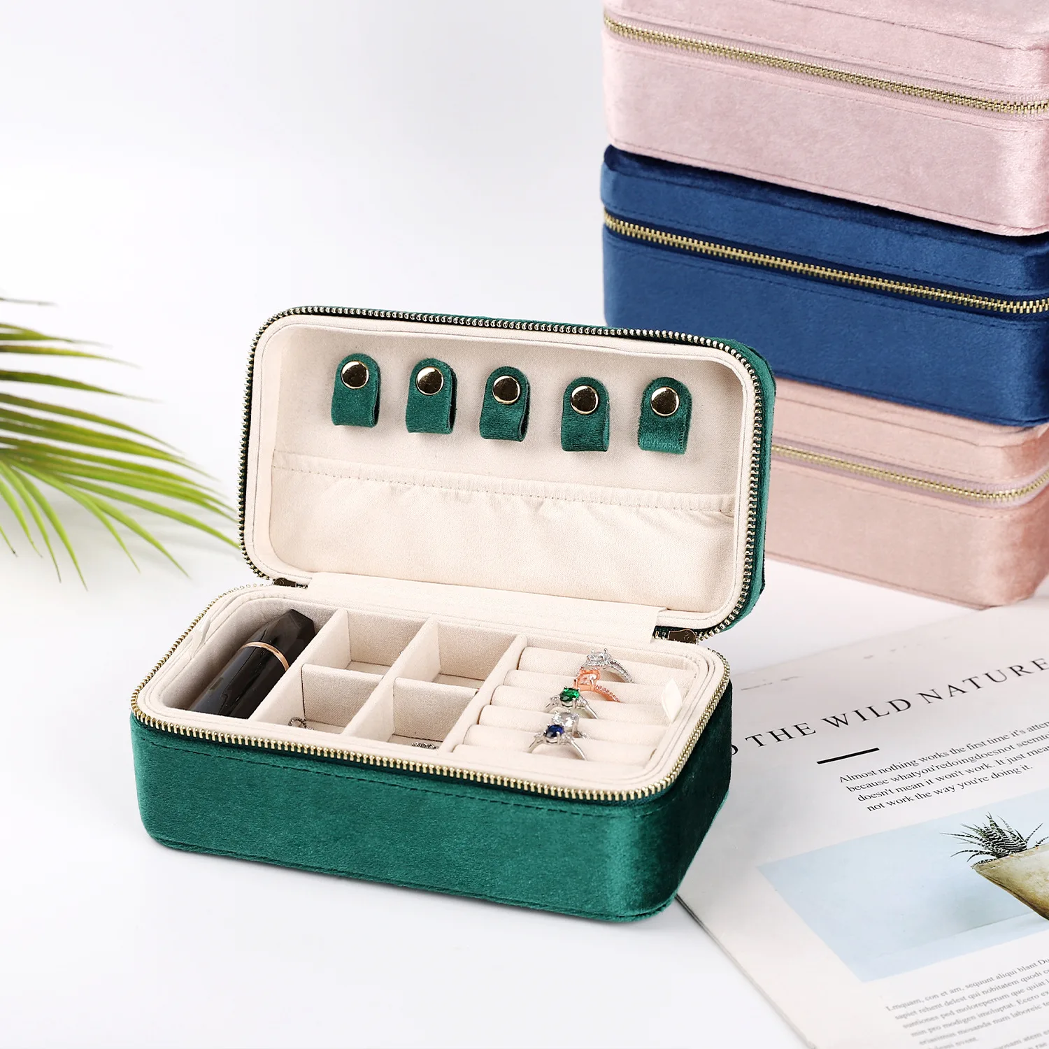 

HJH279 Women Girls Rectangle Velvet Earrings Ear Stud Box Organizer 2 Layer Portable Jewelry Small Travel Jewelry Boxes