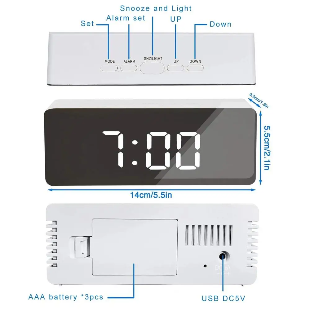 

Alarm Clock Table desk Clock mirror LED Digital desktop Amazon dropshipping, White