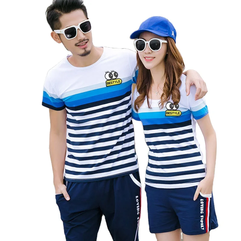 

Popular design summer women's t shirt soft fabric cotton breathable men polo t-shirt pants suit, Blue