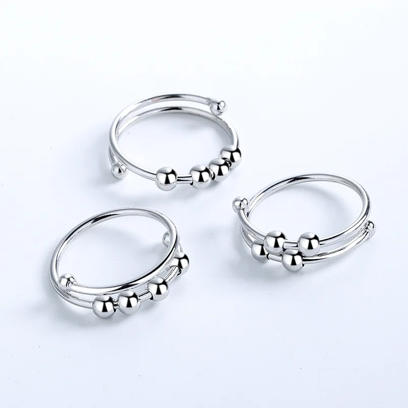 

Trendy Jewelry Fidget Anxiety Anti Ring With Beads Spinner Adjustable Freely Rings For Teen Girls Friendship, Sliver