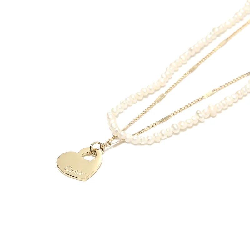 

New Design Fashion Double Layered Stainless Steel Gold Plated Pearl Heart Necklace