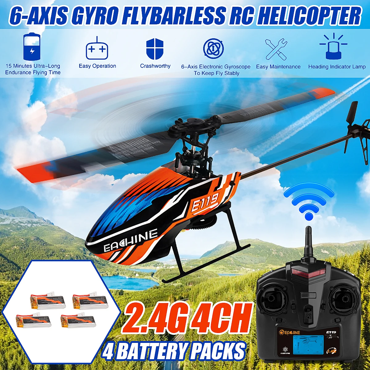 Mode 2 Eachine E119 2.4G 4CH 6-Axis Gyro Flybarless RC Helicopter RTF 