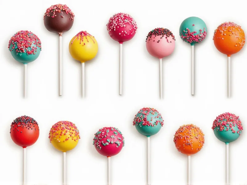 Colorful cake pop variations with different coatings and decorations