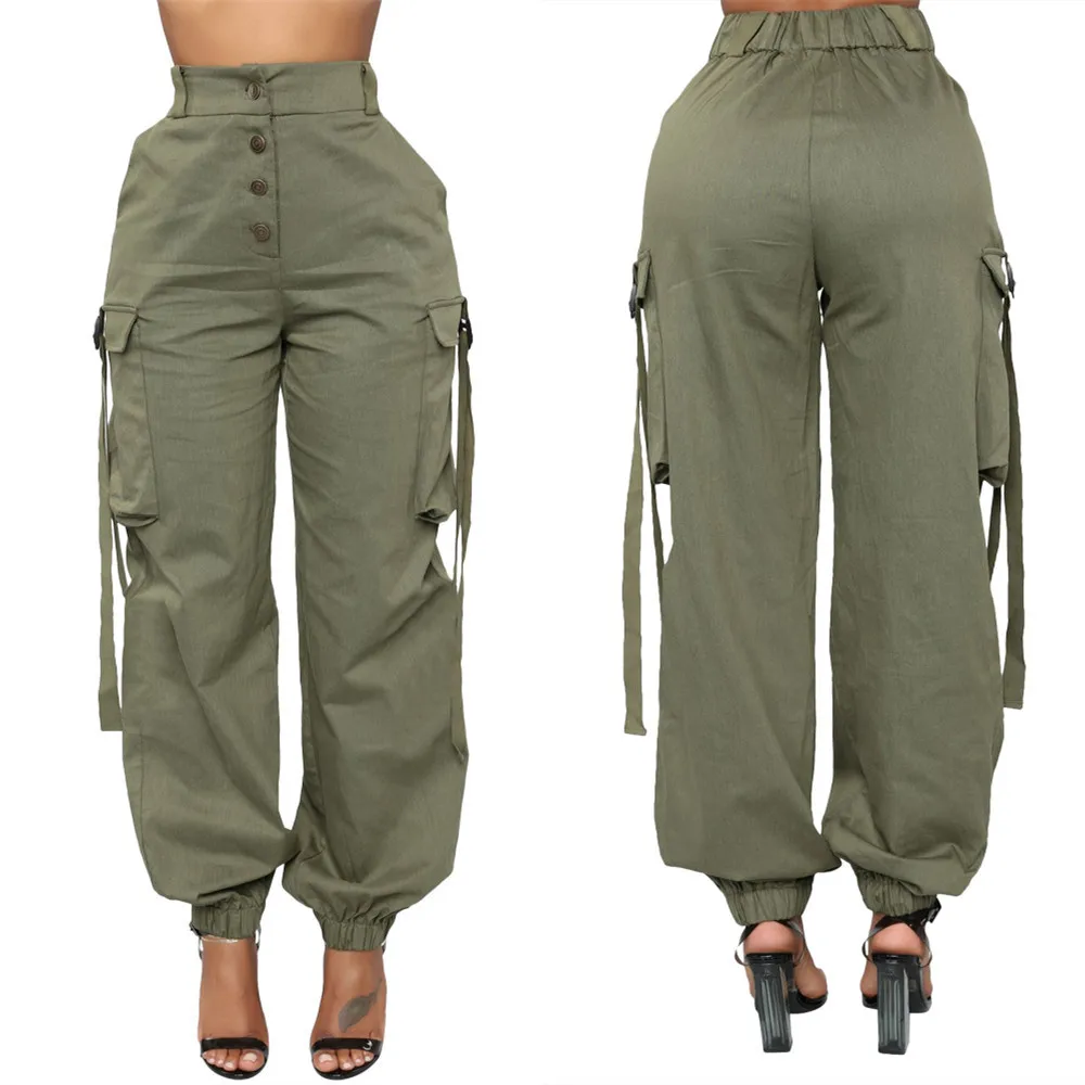 

Wholesale New Fashion Pocket Straight Tube Leisure Wide Leg Cargo Green Pants Women