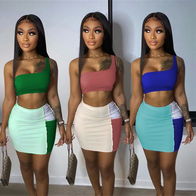 

summer 2021 patchwork one shoulder crop top and skirt two piece skirts set women clothing, Photo shown
