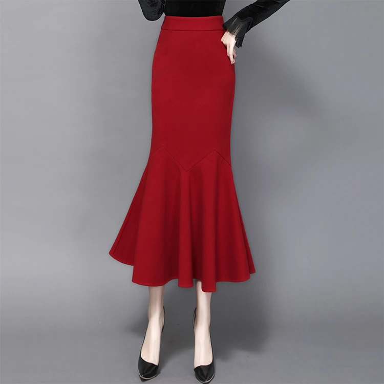 

Autumn and winter wrapped hip elastic fishtail skirt spot ruffled long skirt red sexy women's skirt, Black,wine red