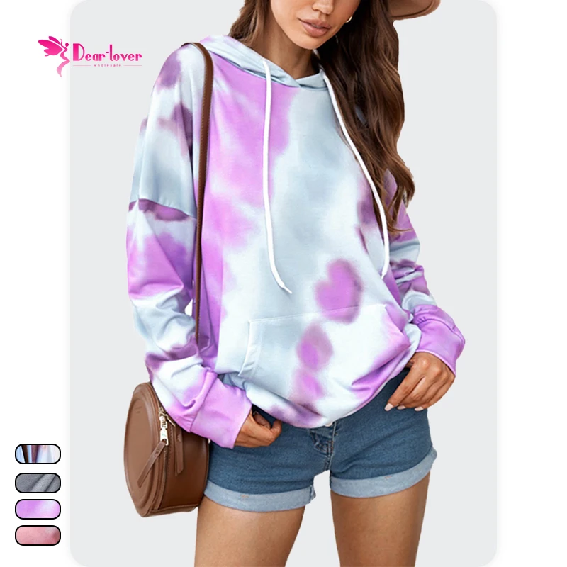 

Wholesale Tops Women Hooded Sweatshirts Pullover Kangaroo Pocket Drawstring Tie Dye Hoodie