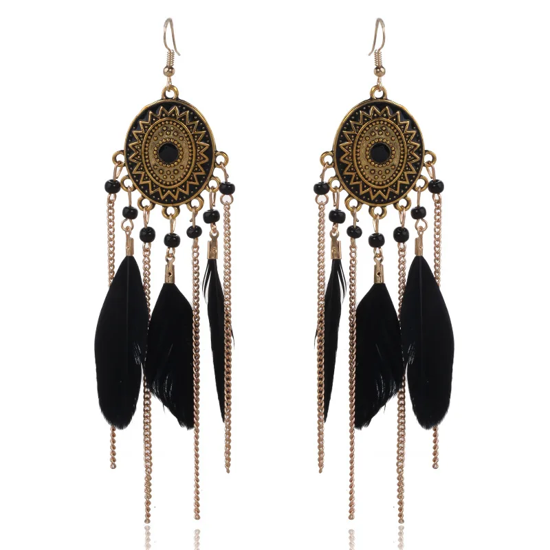 

Bohemian Style Feather Tassel Women Earrings Long Metal Chain Beads Earrings Gold Feather Earrings