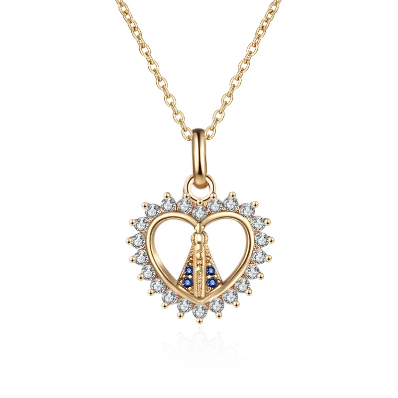 

High Quality Heart Religious Necklace Woman Retro Gold Plated Jewelry Fashion Sapphire Heart LOVE Christian Pendant Necklace, Golden