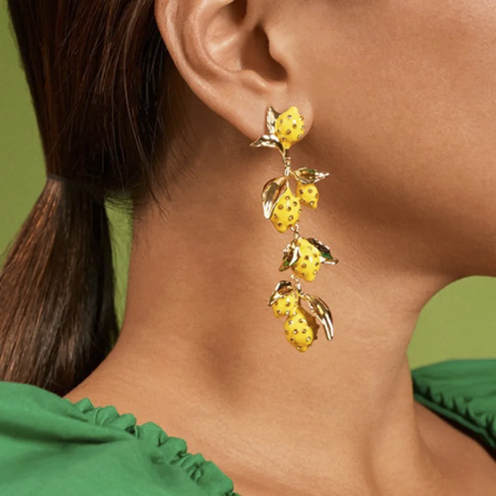 

Newest Designs Exaggerated Enamel Fruit Pendants Earrings Summer Multicolor Diamond Fruit Charm Drop Earrings, Picture shows/custom color