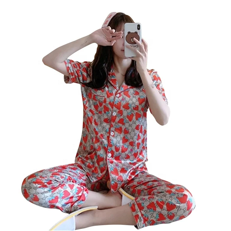 

Plus Size Summer Cute Printed Short Sleeve Two Piece Silk Pajama Sets, 11 colors