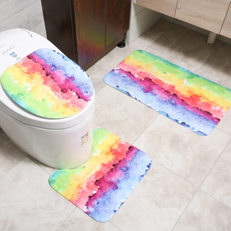 

Digital Printing Rainbow Color Anti-slip Floor Toilet Mat 3 Pieces Bath Rug Mat Sets for Bathroom Microfiber Customized Color
