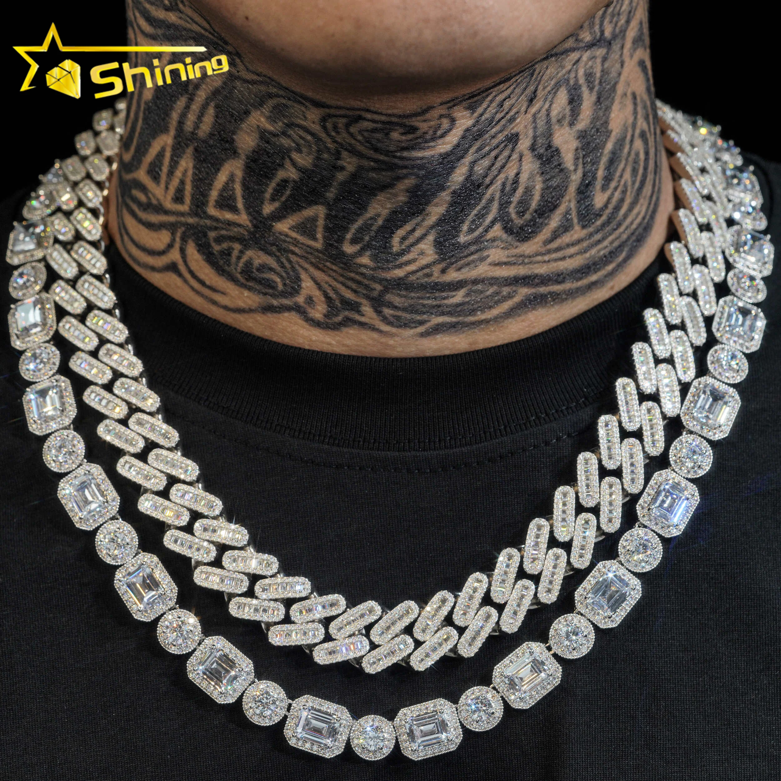 

Pass diamond tester moissanite necklace baguette diamond cuban link chain fashion hip hop jewelry 925 sterling silver cuban link