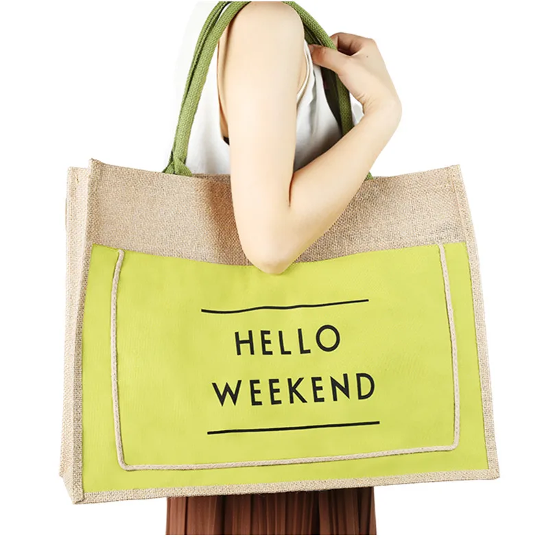 

Customized Logo beach Organizer shopping jute burlap tote bag, Customized color