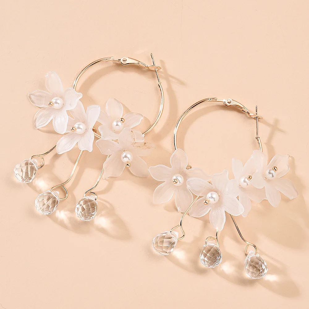

White Crystal Earring Korea New Fashion Flower Hook Earrings Long Tassel Flowers Earring