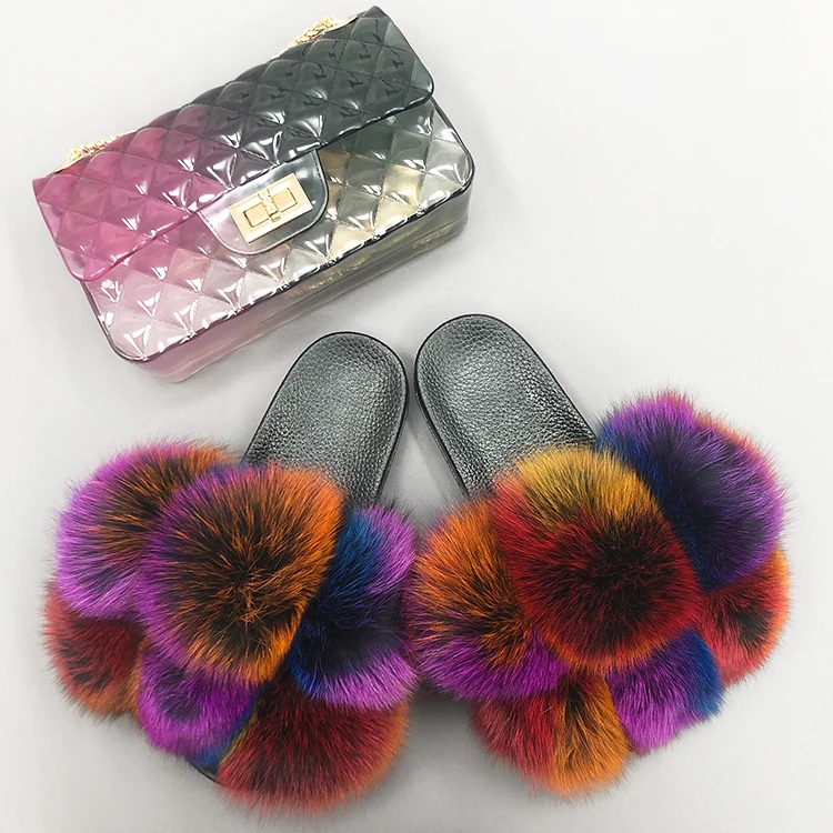 

2021 fashion mix color big furry real fox fur pom pom slippers and purses women jelly purse and fur slides sets, Customized color