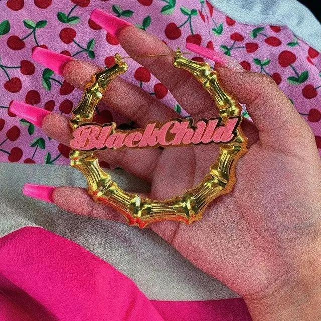 

Woman bamboo style name design golden plated custom fashion earring Logo, Picture