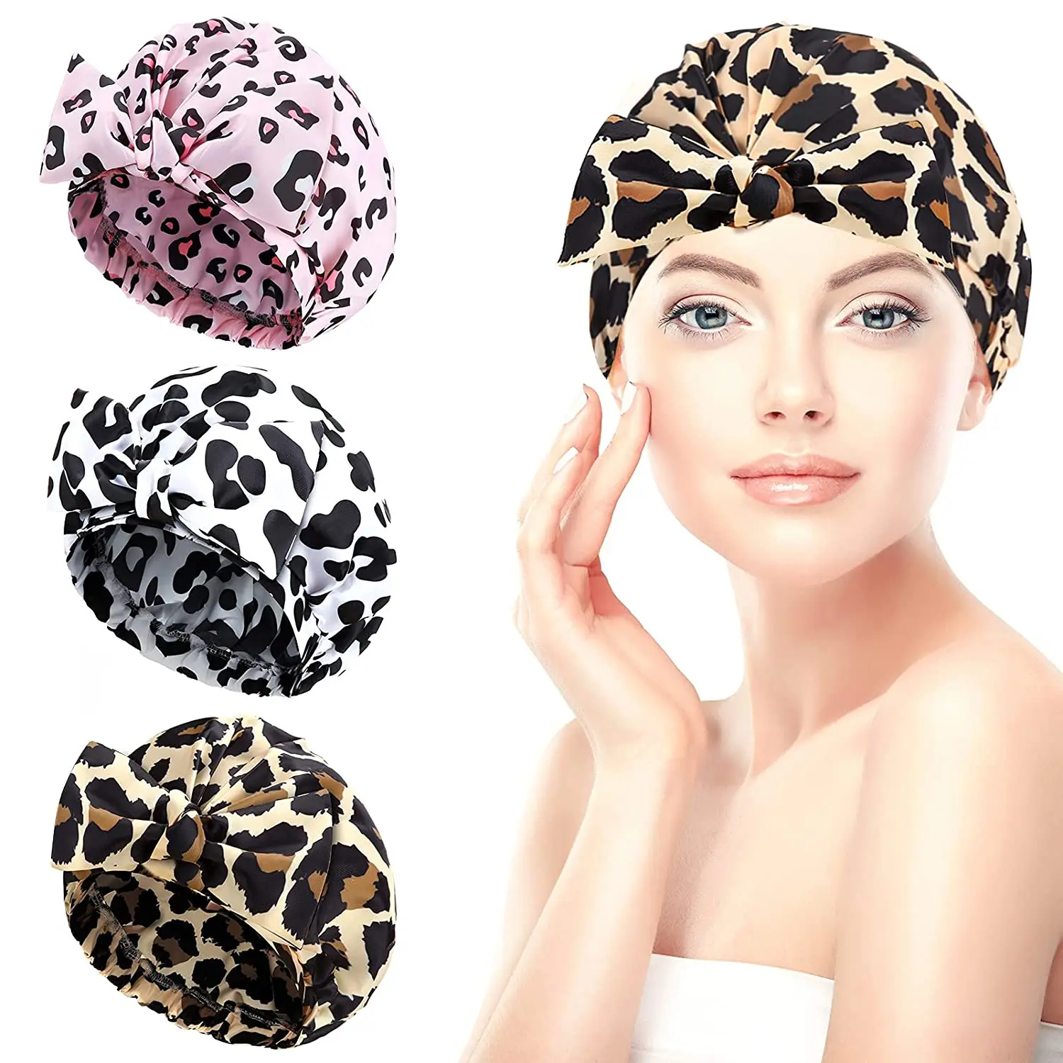 

Free Sample Support Eco-Friendly Baby Mom Bath Cap Custom Fashion Comfortable Printed Bow Waterproof Shower Cap, Can dye as you need by pantone card
