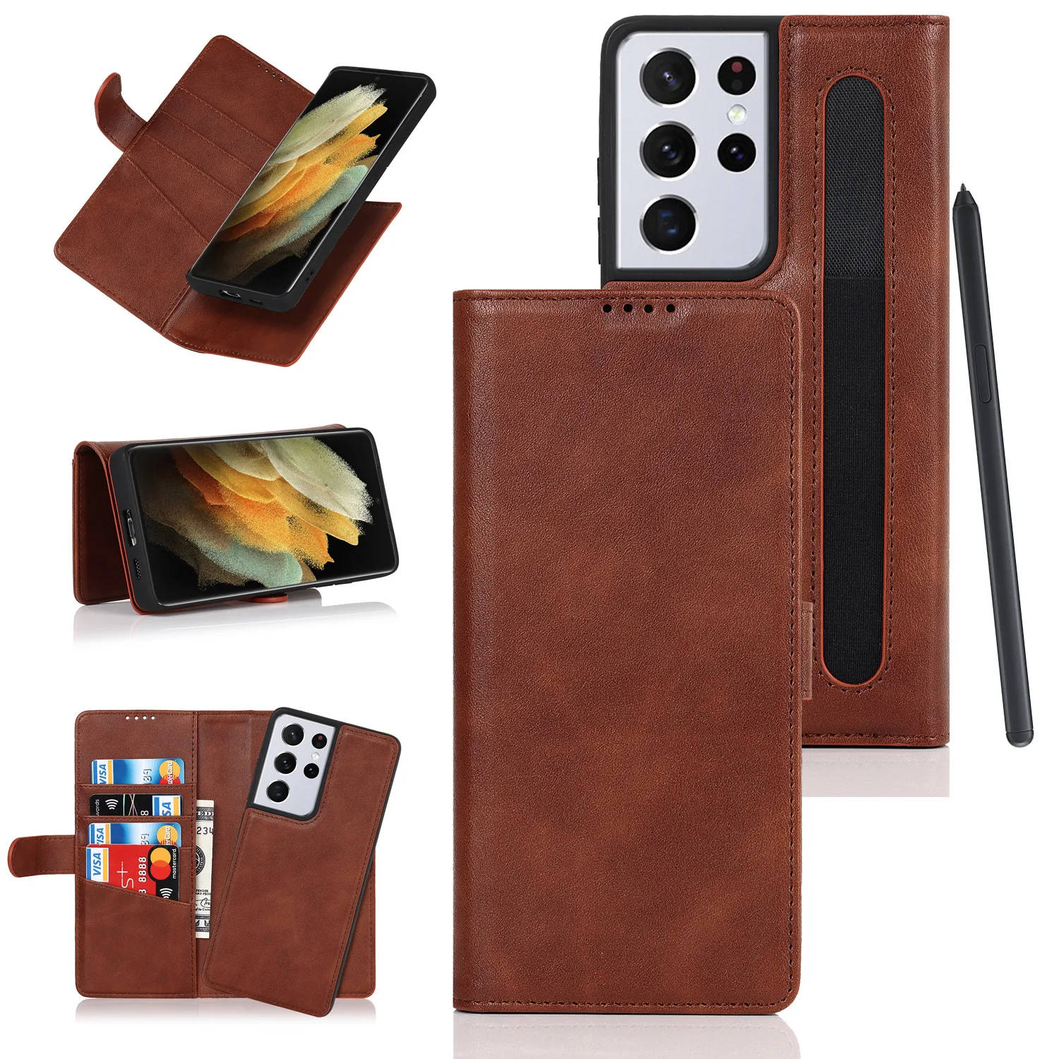 

Luxury 2 In 1 Detachable Wallet Leather Phone Case For Samsung S21 Ultra With S Pen Slot