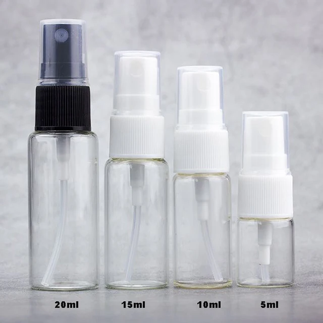 Hengjian 5ml 10ml 15ml 20ml Transparent Amber Glass Cosmetic Perfume Spray Bottle With White Black Sprayer Pump And Clear Cap
