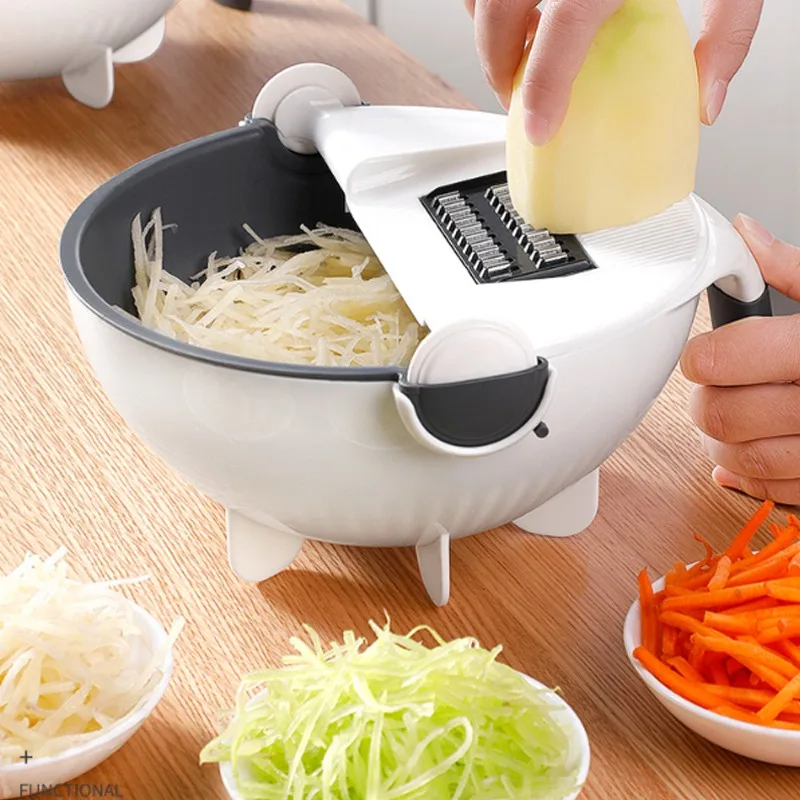

9 In 1 Multifunction Vegetable Cutter With Drain Basket Magic Rotate Vegetable Slicer Portable Chopper Grater Kitchen supplies, White