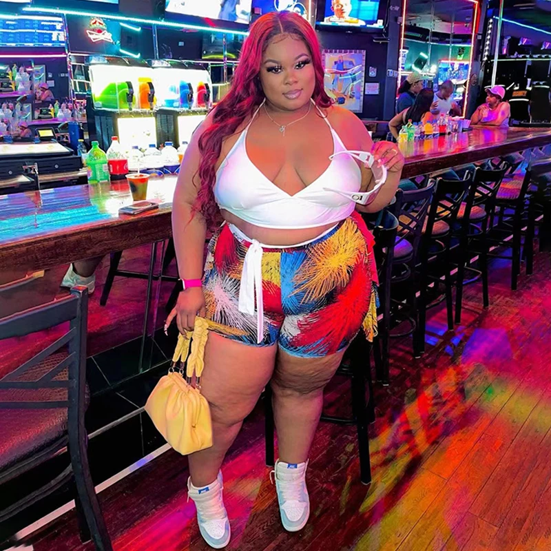 

Sexy Backless Plus Size Women's Blouse Print Shorts Summer 2 Piece Two Piece Set 2022 Plus Size Women's Sets, Colourful