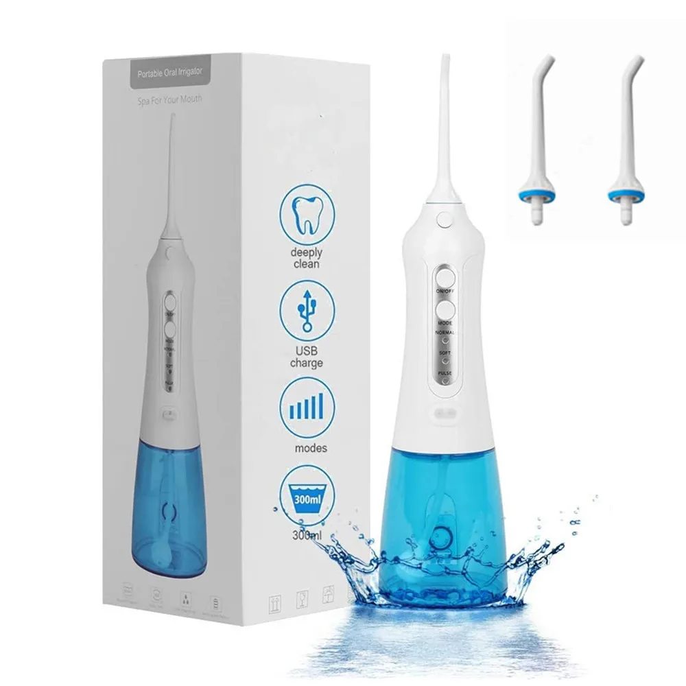 

New Dental Flossor IPX7 Waterproof USB Rechargeable Water Flosser Pick Teeth Cleaner Oral Irrigator With 2 Replaced Heads, Blue